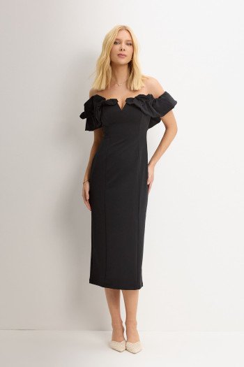 VESTIDO DRIELY MIDI DECOTE V COM BABADOS - PRETO