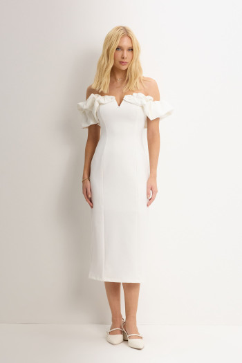 VESTIDO DRIELY MIDI DECOTE V COM BABADOS - OFF WHITE