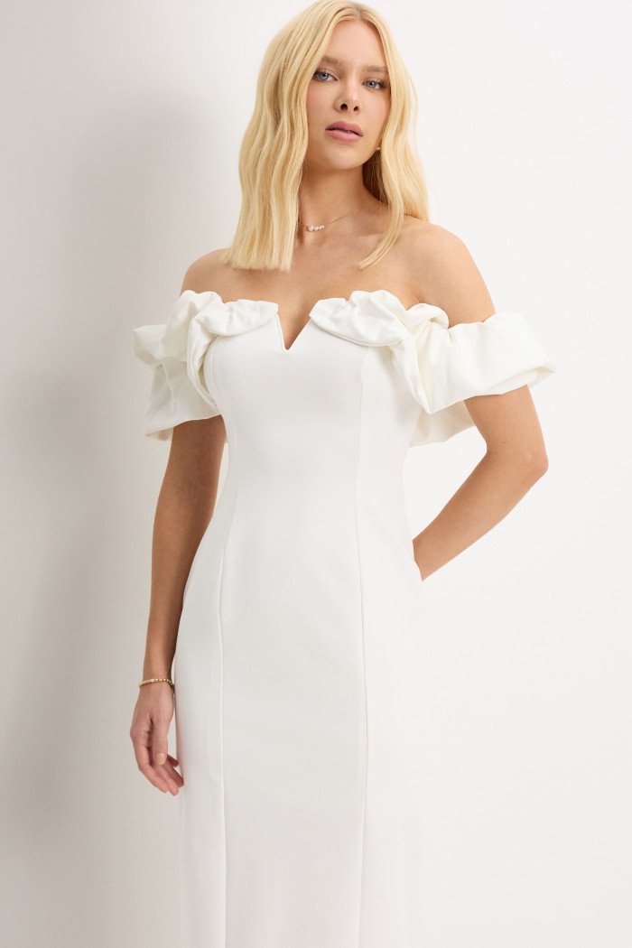 VESTIDO DRIELY MIDI DECOTE V COM BABADOS - OFF WHITE