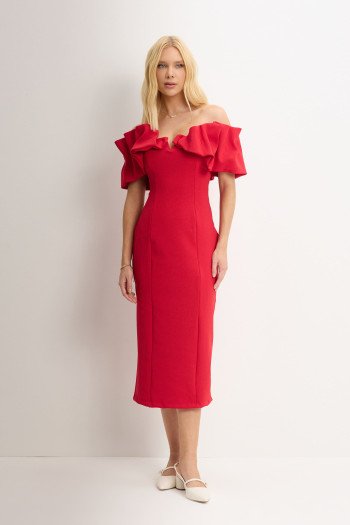 VESTIDO DRIELY MIDI DECOTE V COM BABADOS - VERMELHO