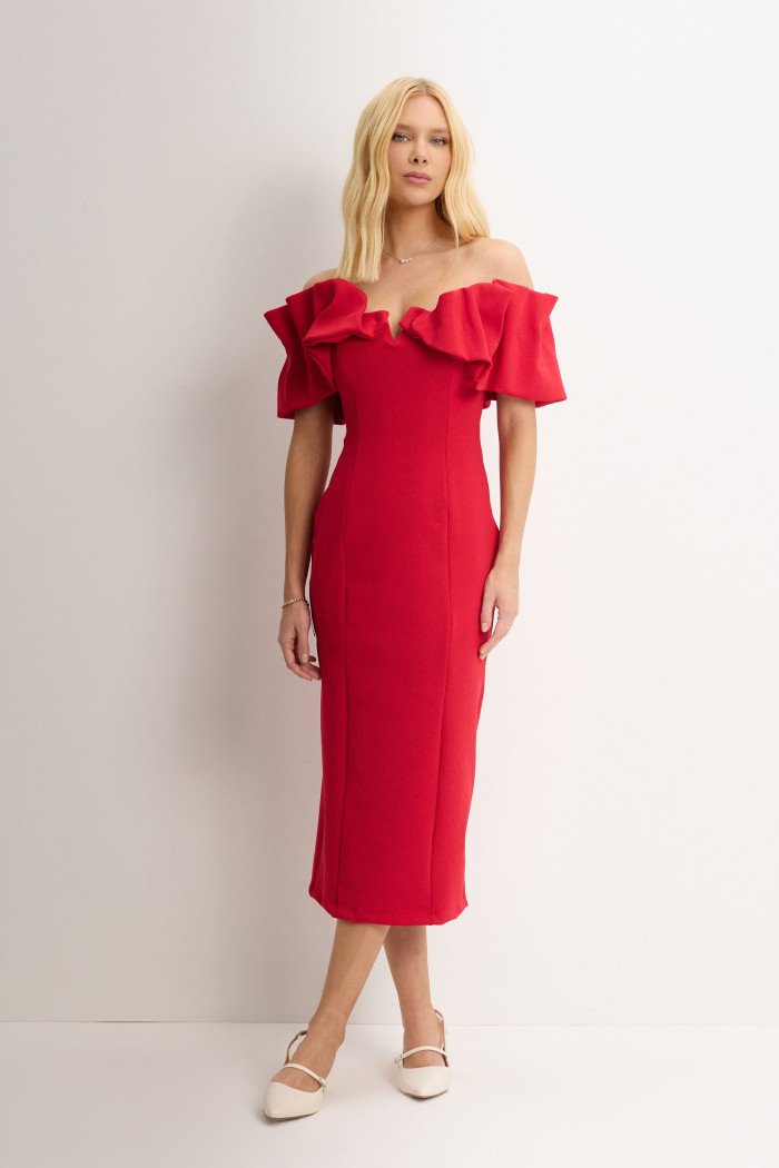 VESTIDO DRIELY MIDI DECOTE V COM BABADOS - VERMELHO
