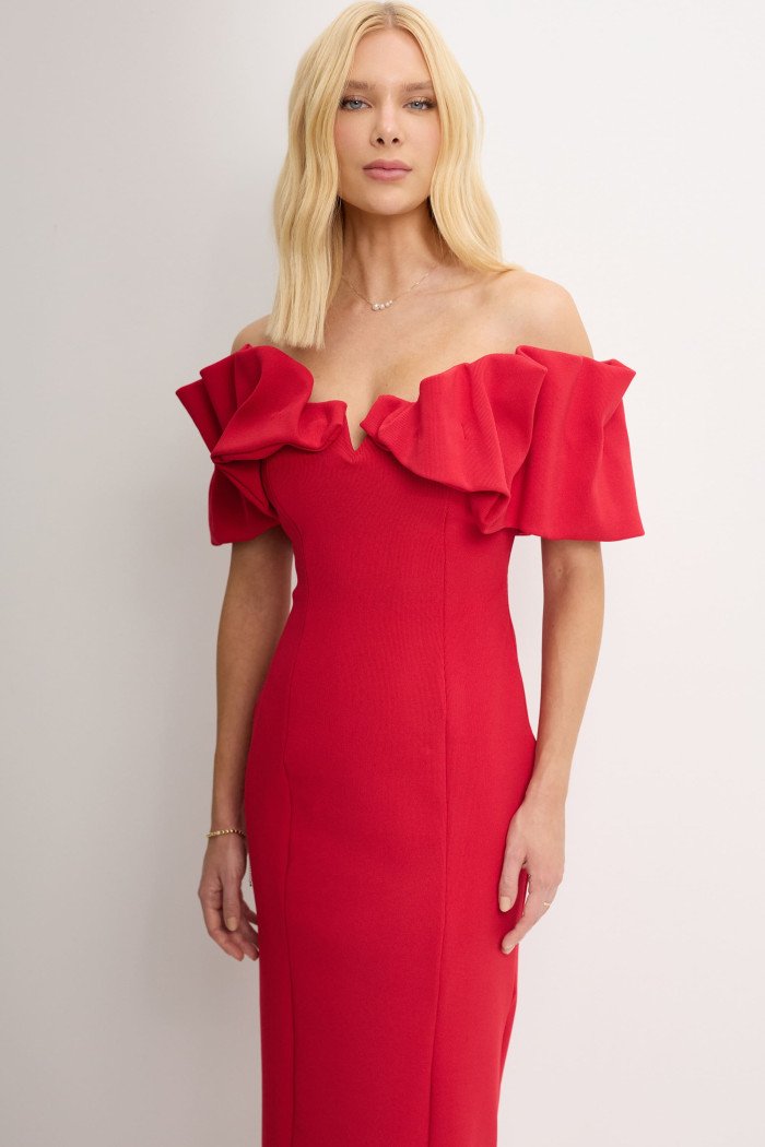 VESTIDO DRIELY MIDI DECOTE V COM BABADOS - VERMELHO