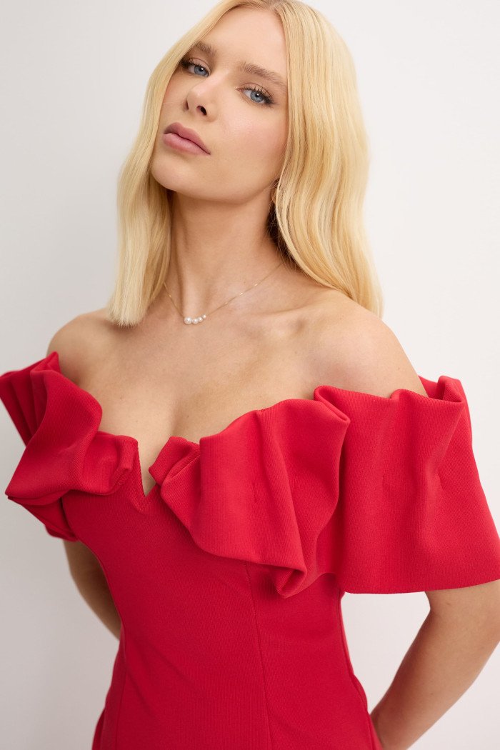 VESTIDO DRIELY MIDI DECOTE V COM BABADOS - VERMELHO