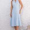 VESTIDO FLAVIANA MIDI ABERTO COM BOTÃO E BOLSOS - AZUL