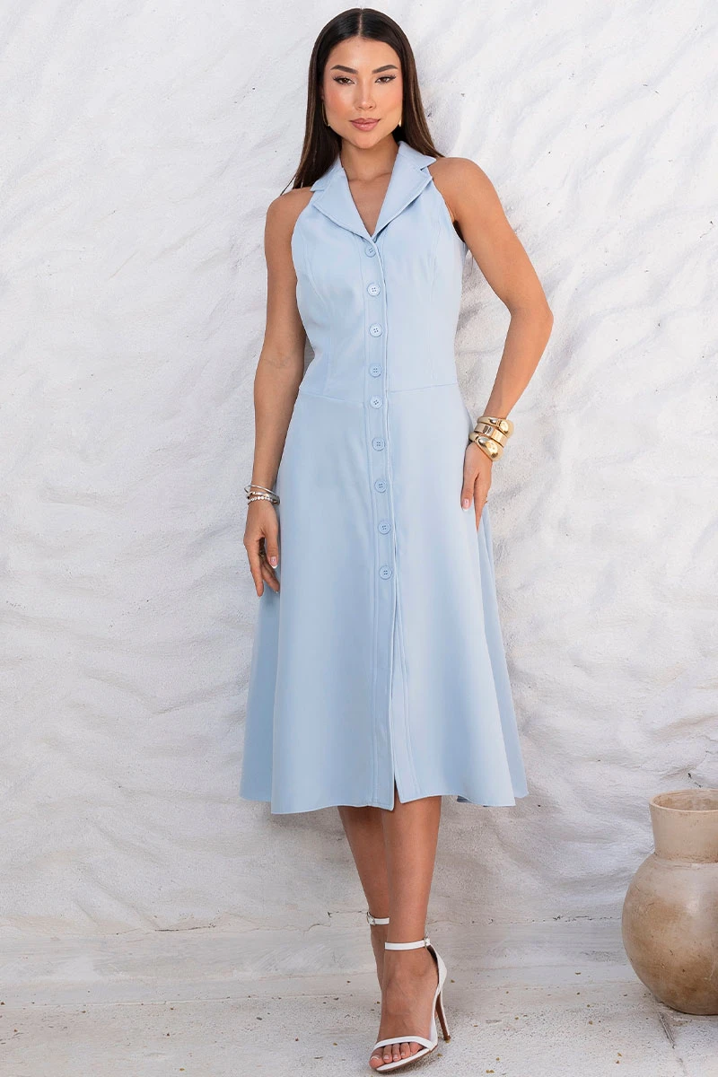VESTIDO FLAVIANA MIDI ABERTO COM BOTÃO E BOLSOS - AZUL