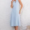 VESTIDO FLAVIANA MIDI ABERTO COM BOTÃO E BOLSOS - AZUL