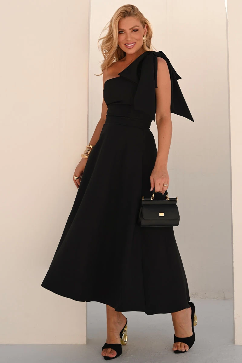 VESTIDO GLÁUCIA UM OMBRO COM LAÇO - PRETO