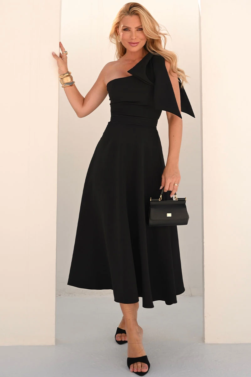 VESTIDO GLÁUCIA UM OMBRO COM LAÇO - PRETO