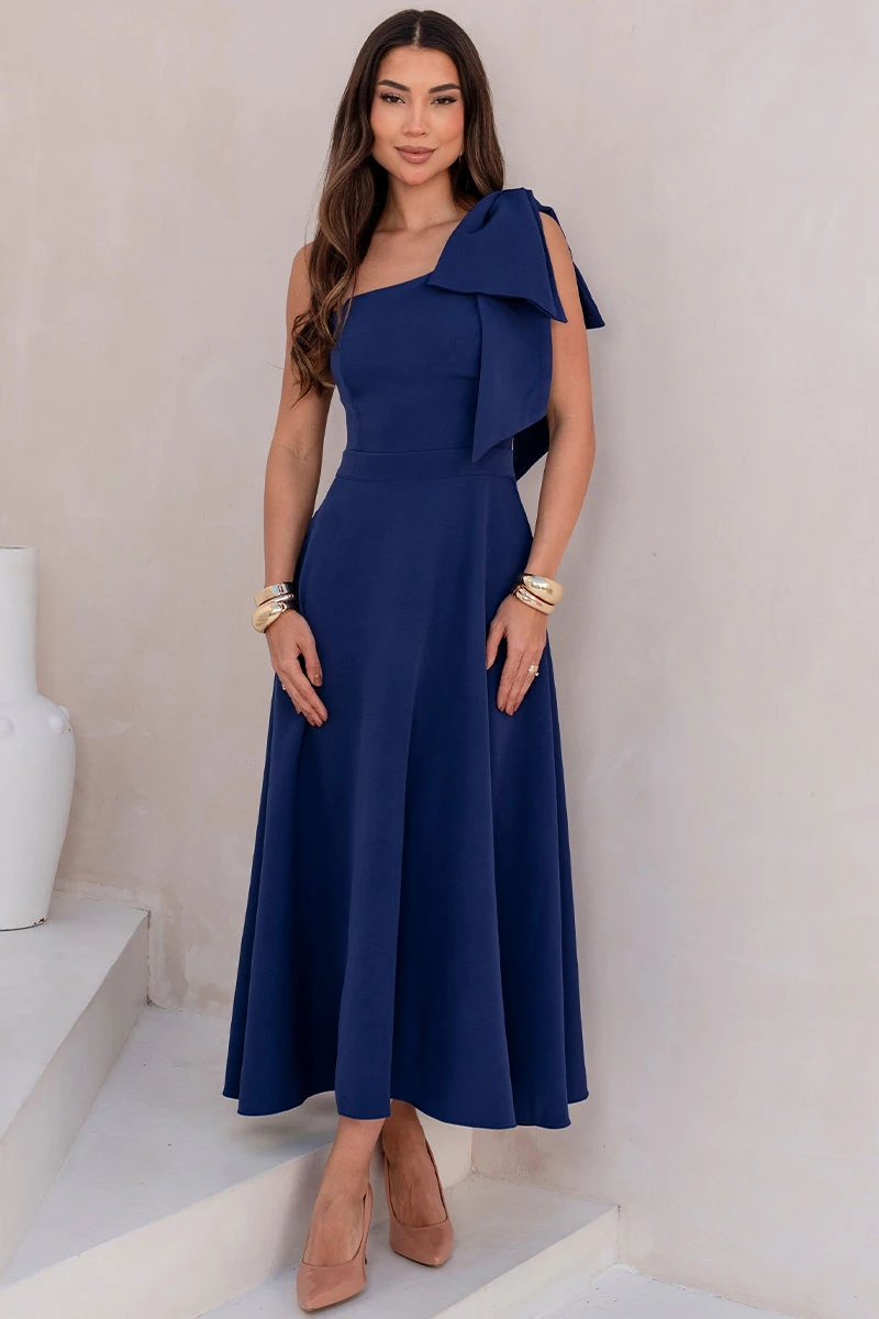 VESTIDO GLÁUCIA UM OMBRO COM LAÇO - AZUL MARINHO