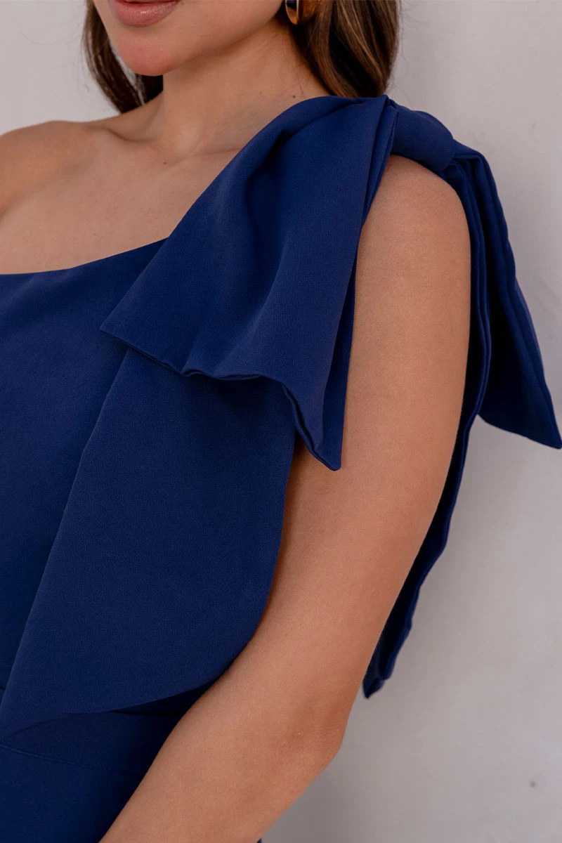 VESTIDO GLÁUCIA UM OMBRO COM LAÇO - AZUL MARINHO