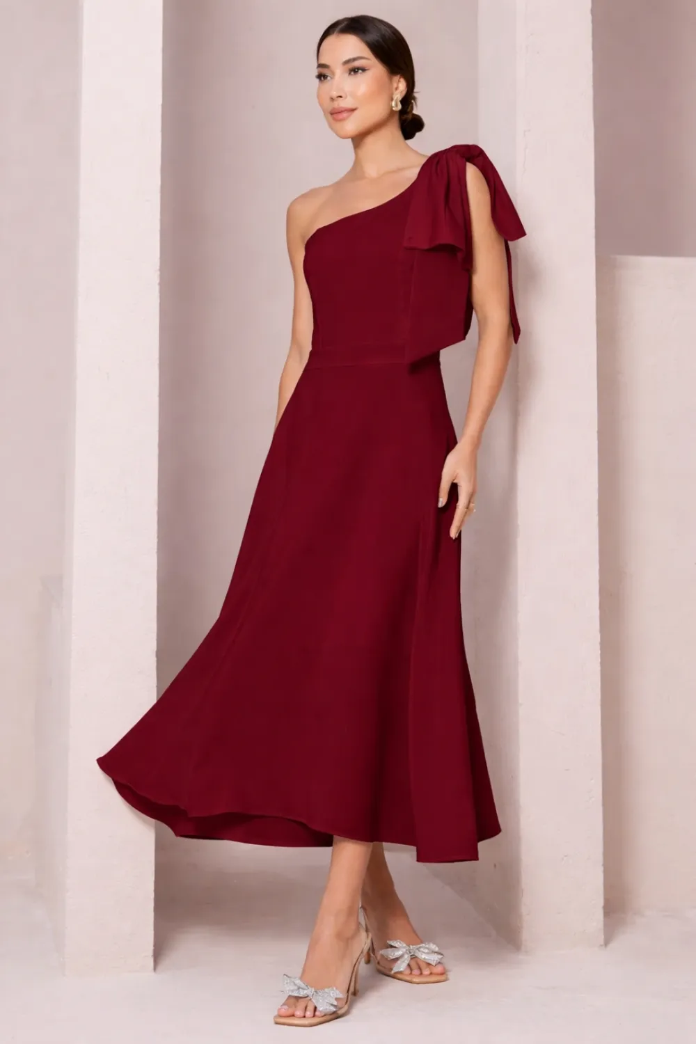 VESTIDO GLÁUCIA UM OMBRO COM LAÇO - VINHO