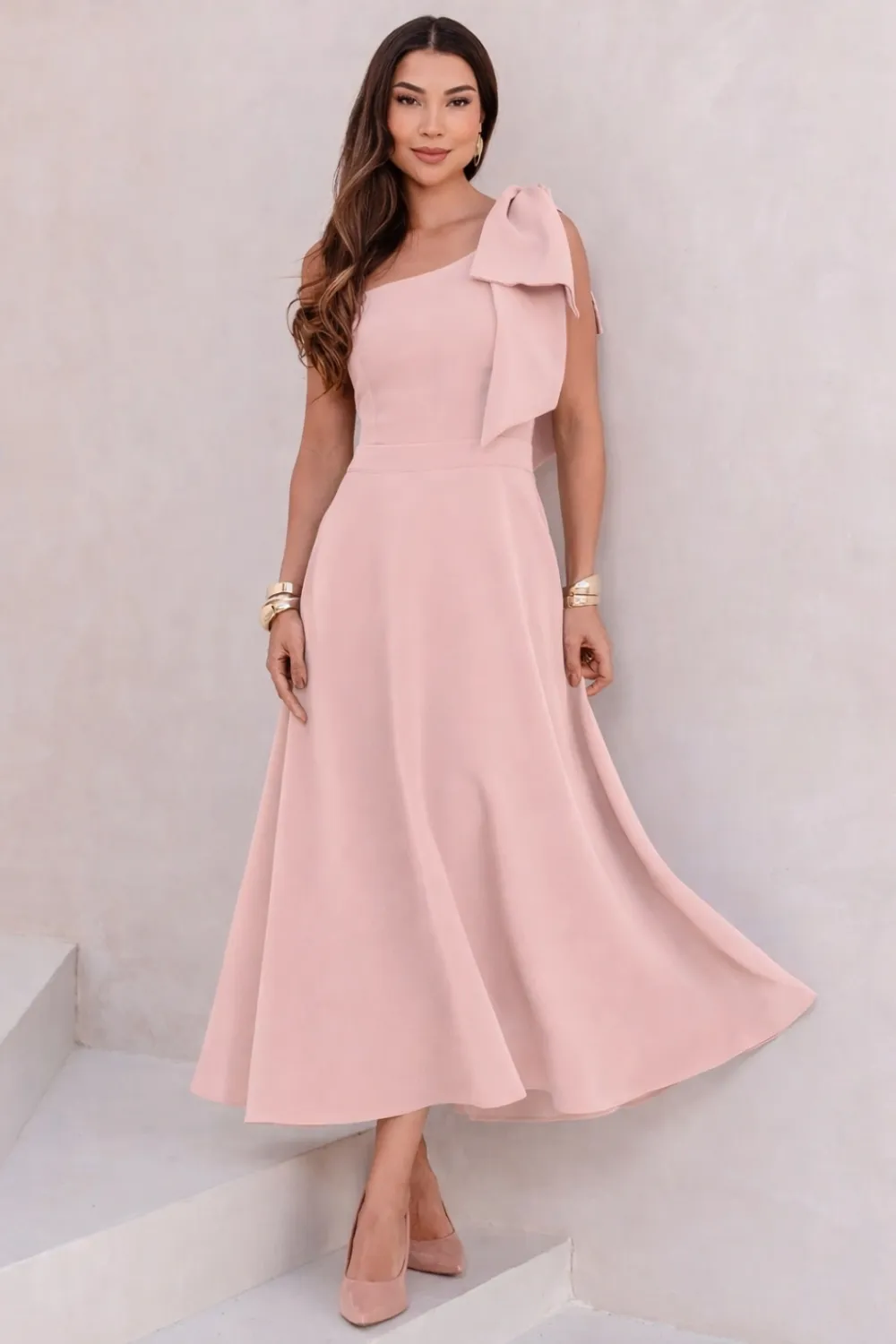 VESTIDO GLÁUCIA UM OMBRO COM LAÇO - ROSÉ