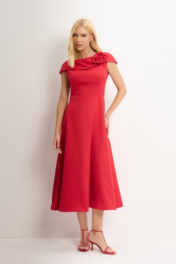 VESTIDO HILDA MIDI DETALHE FLOR - VERMELHO