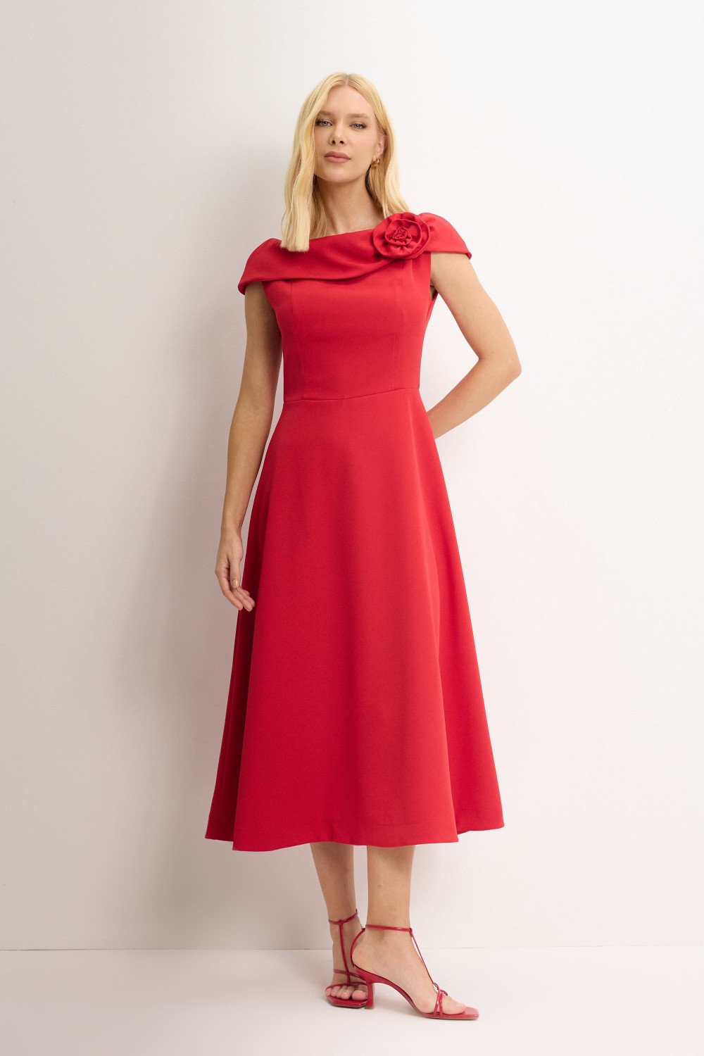 VESTIDO HILDA MIDI DETALHE FLOR - VERMELHO
