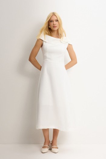 VESTIDO HILDA MIDI DETALHE FLOR - OFF WHITE