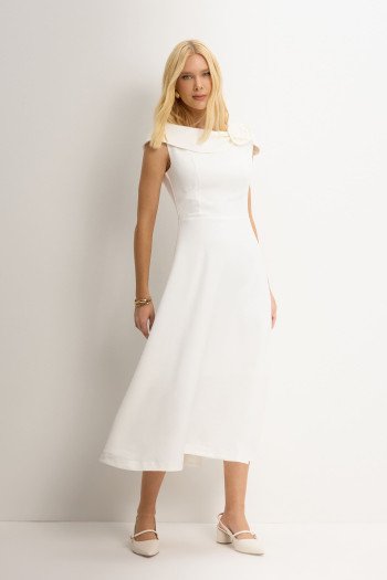 VESTIDO HILDA MIDI DETALHE FLOR - OFF WHITE