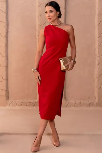 VESTIDO JUSSARA MIDI UM OMBRO ZIPER LATERAL - VERMELHO