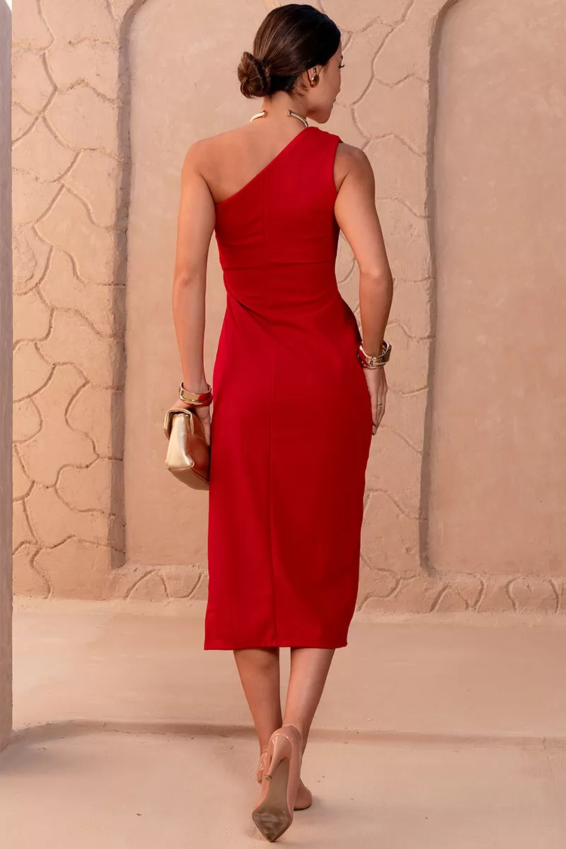 VESTIDO JUSSARA MIDI UM OMBRO ZIPER LATERAL - VERMELHO