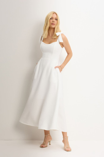 VESTIDO KÁTIA LONGUETE COM ALÇA E LAÇOS - OFF WHITE