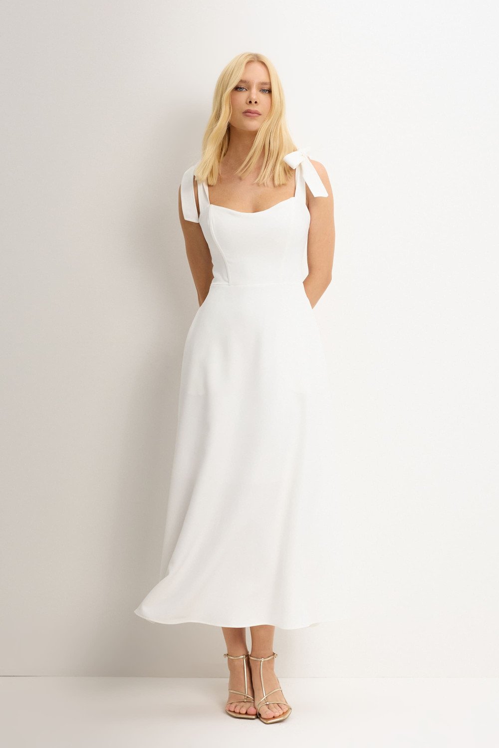 VESTIDO KÁTIA LONGUETE COM ALÇA E LAÇOS - OFF WHITE