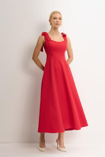 VESTIDO KÁTIA LONGUETE COM ALÇA E LAÇOS - VERMELHO
