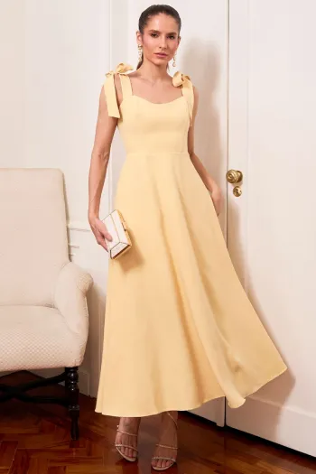 VESTIDO KÁTIA LONGUETE COM ALÇA E LAÇOS - AMARELO