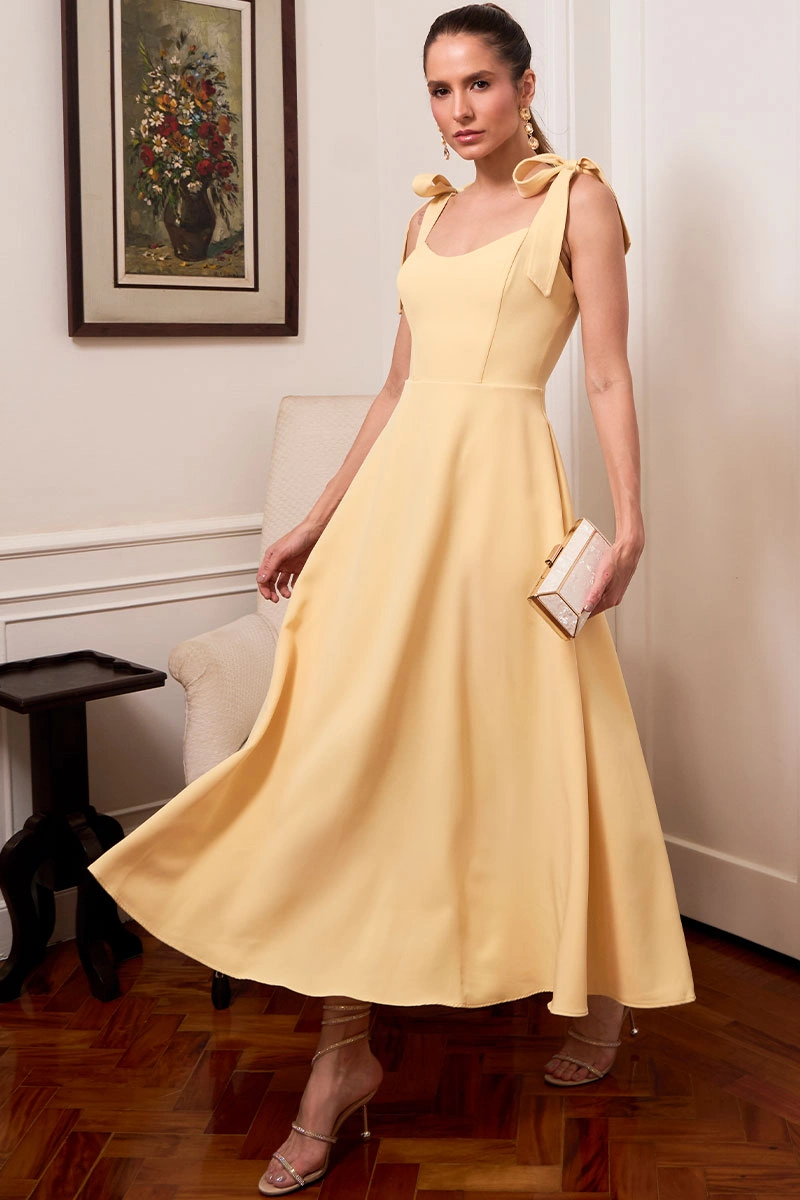 VESTIDO KÁTIA LONGUETE COM ALÇA E LAÇOS - AMARELO
