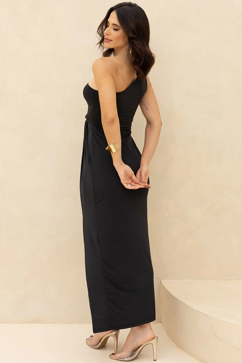 VESTIDO ARIADINE MIDI UM OMBRO COM FENDA - PRETO