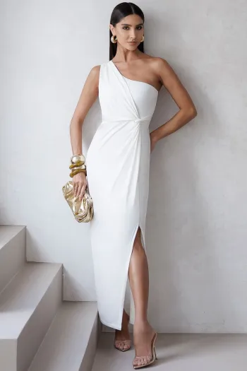 VESTIDO ARIADINE MIDI UM OMBRO COM FENDA - OFF WHITE