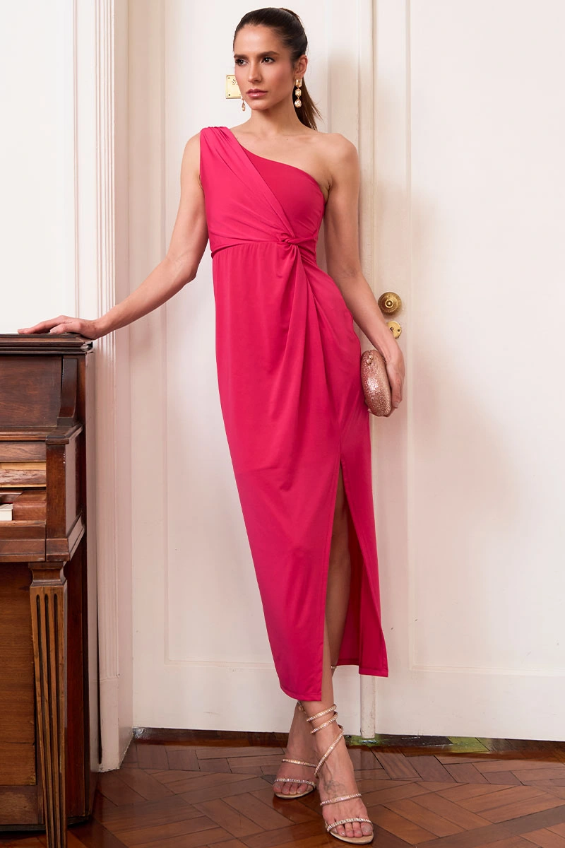 VESTIDO ARIADINE MIDI UM OMBRO COM FENDA - FÚCSIA