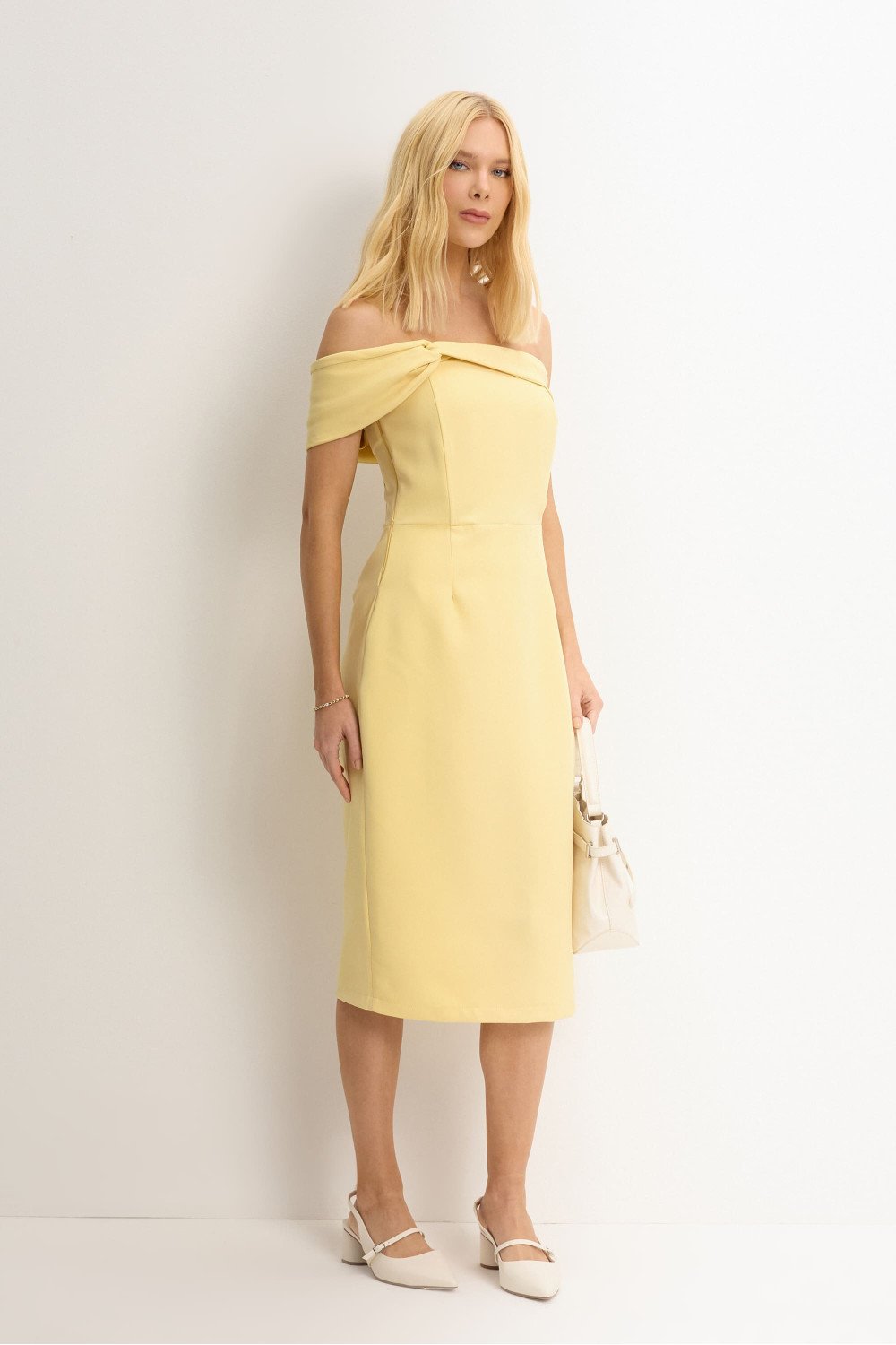 VESTIDO MIDI DETALHE UM OMBRO SAMARA - AMARELO