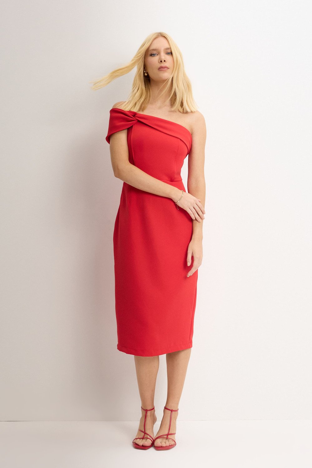 VESTIDO MIDI DETALHE UM OMBRO SAMARA - VERMELHO