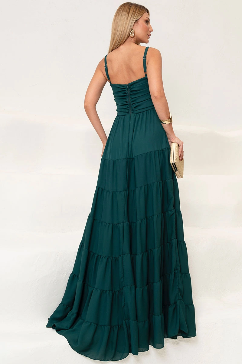 VESTIDO FLÁVIA LONGO DRAPEADO CHIFFON - VERDE
