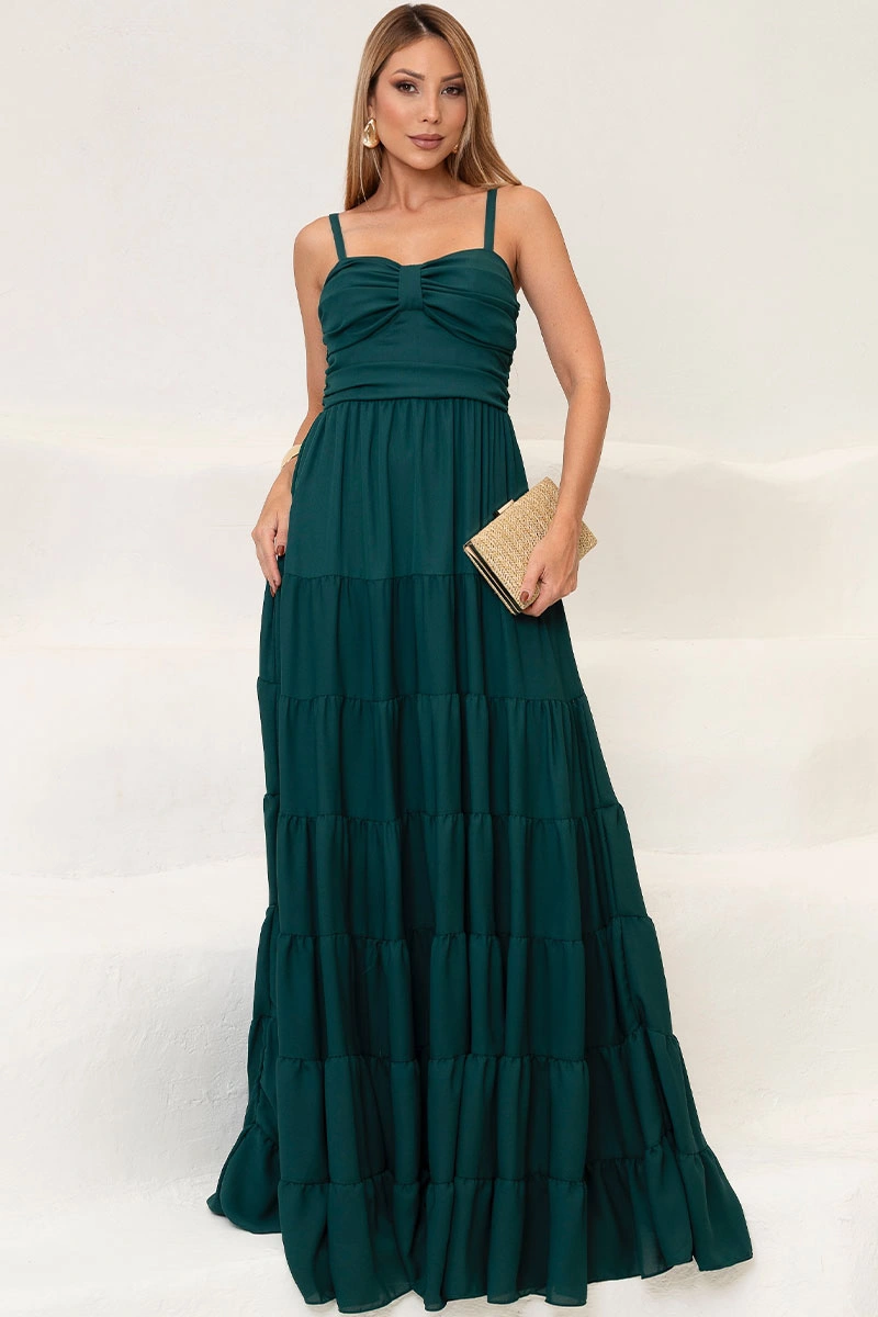 VESTIDO FLÁVIA LONGO DRAPEADO CHIFFON - VERDE