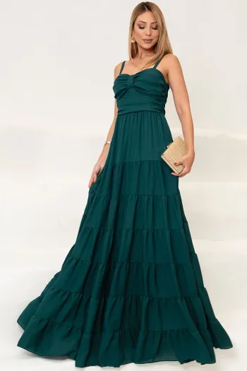 VESTIDO FLÁVIA LONGO DRAPEADO CHIFFON - VERDE
