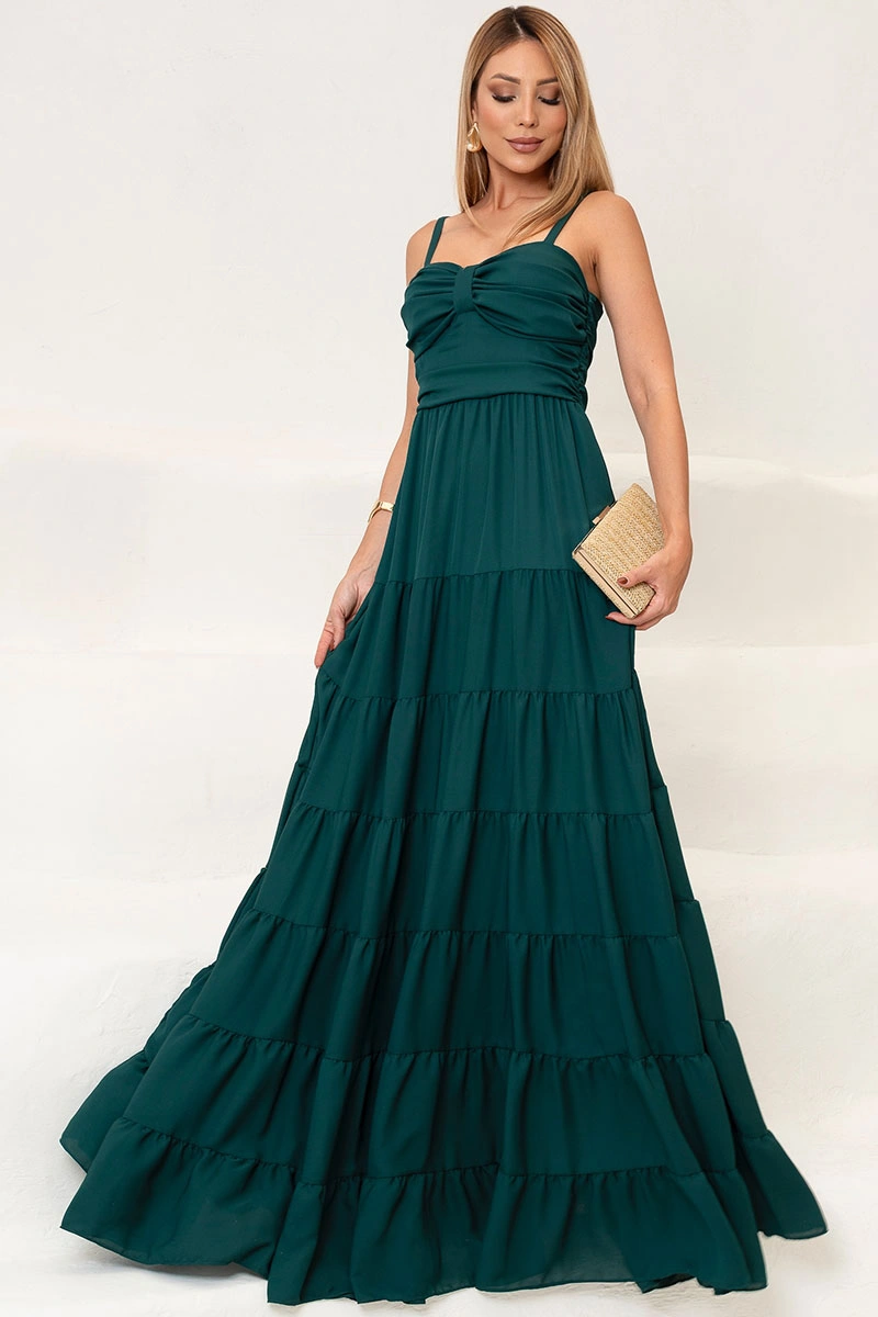 VESTIDO FLÁVIA LONGO DRAPEADO CHIFFON - VERDE