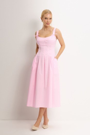 VESTIDO ORNELA COM PREGAS E DETALHE LAÇO NA ALÇA - ROSA