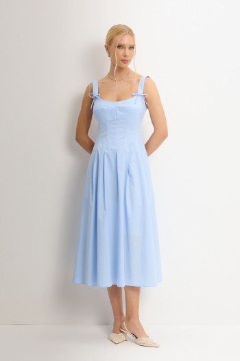 VESTIDO ORNELA COM PREGAS E DETALHE LAÇO NA ALÇA - AZUL CLARO