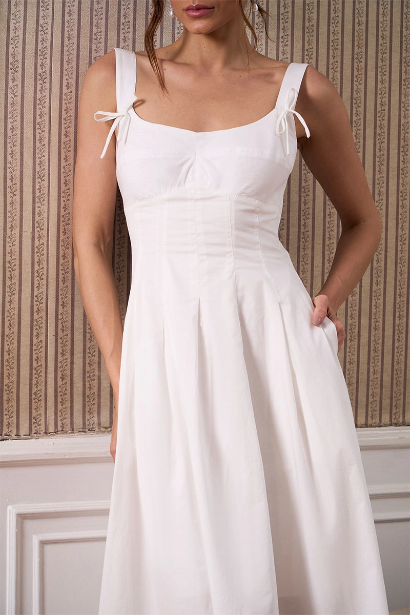 VESTIDO ORNELA COM PREGAS E DETALHE LAÇO NA ALÇA - BRANCO