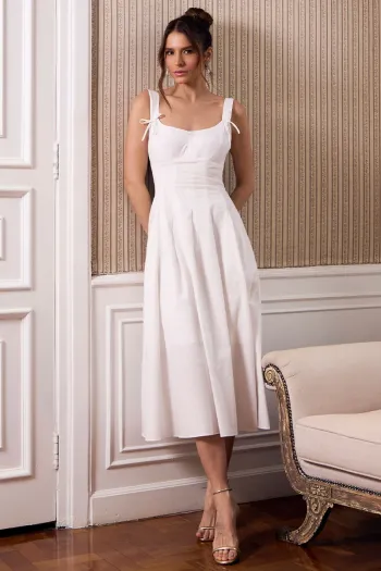 VESTIDO ORNELA COM PREGAS E DETALHE LAÇO NA ALÇA - BRANCO