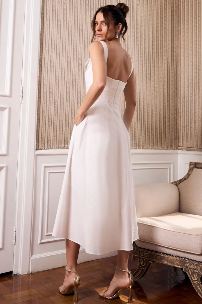VESTIDO ORNELA COM PREGAS E DETALHE LAÇO NA ALÇA - BRANCO