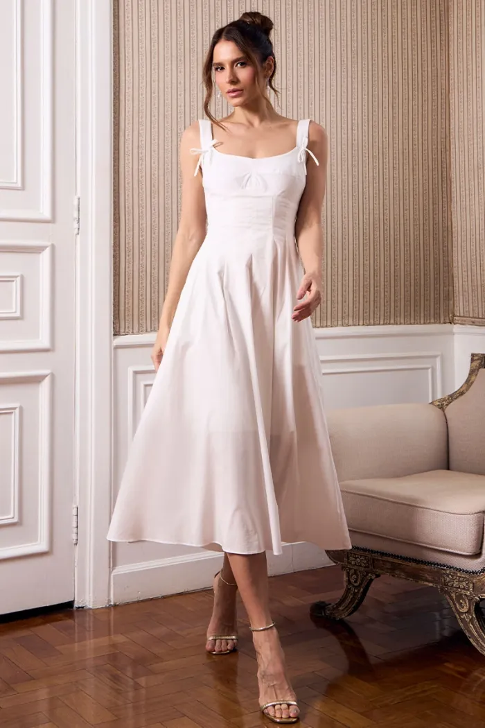 VESTIDO ORNELA COM PREGAS E DETALHE LAÇO NA ALÇA - BRANCO