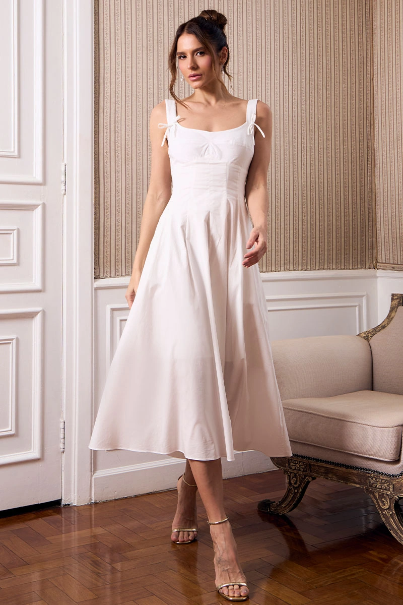 VESTIDO ORNELA COM PREGAS E DETALHE LAÇO NA ALÇA - BRANCO