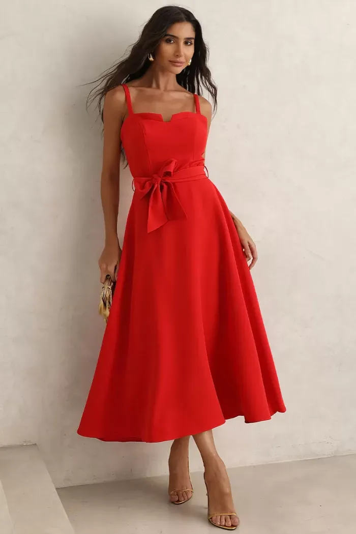 VESTIDO MIDI ALÇAS FINAS E FAIXA PATRICIA - VERMELHO