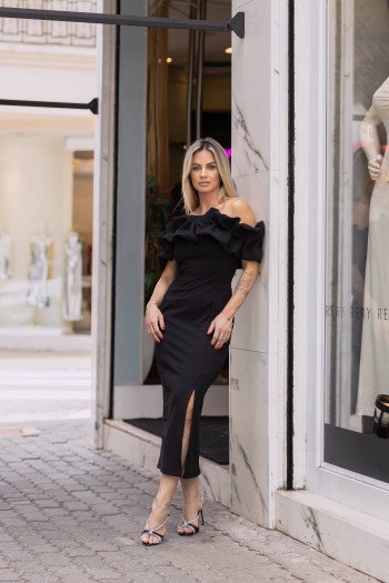 VESTIDO OMBRO A OMBRO MIDI BABADOS PATY - PRETO