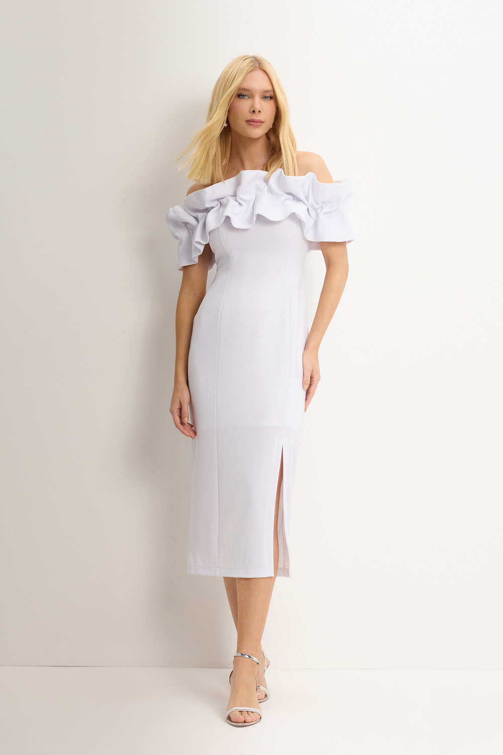 VESTIDO OMBRO A OMBRO MIDI BABADOS PATY - BRANCO