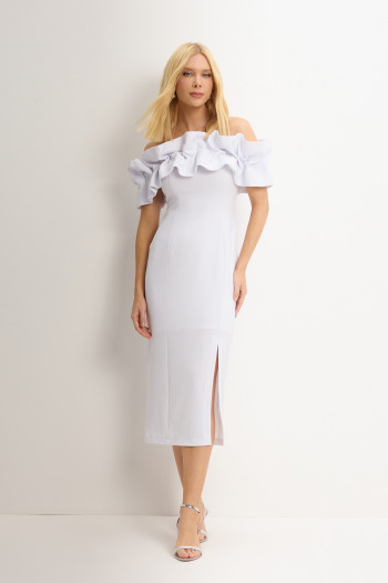 VESTIDO OMBRO A OMBRO MIDI BABADOS PATY - BRANCO