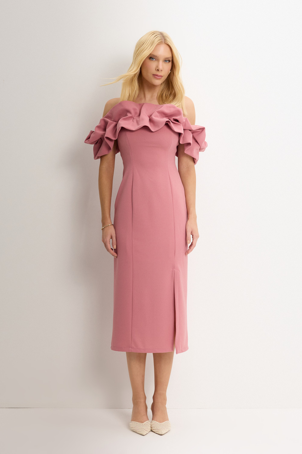 VESTIDO OMBRO A OMBRO MIDI BABADOS PATY - ROSA