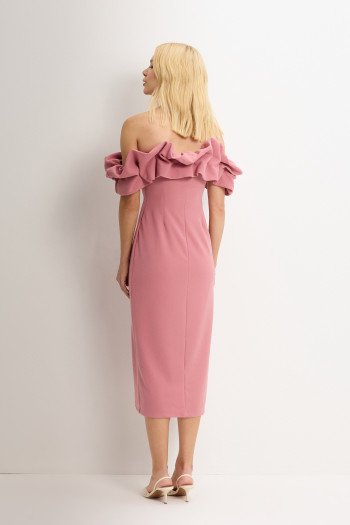 VESTIDO OMBRO A OMBRO MIDI BABADOS PATY - ROSA