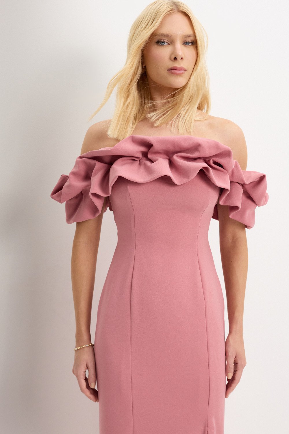 VESTIDO OMBRO A OMBRO MIDI BABADOS PATY - ROSA